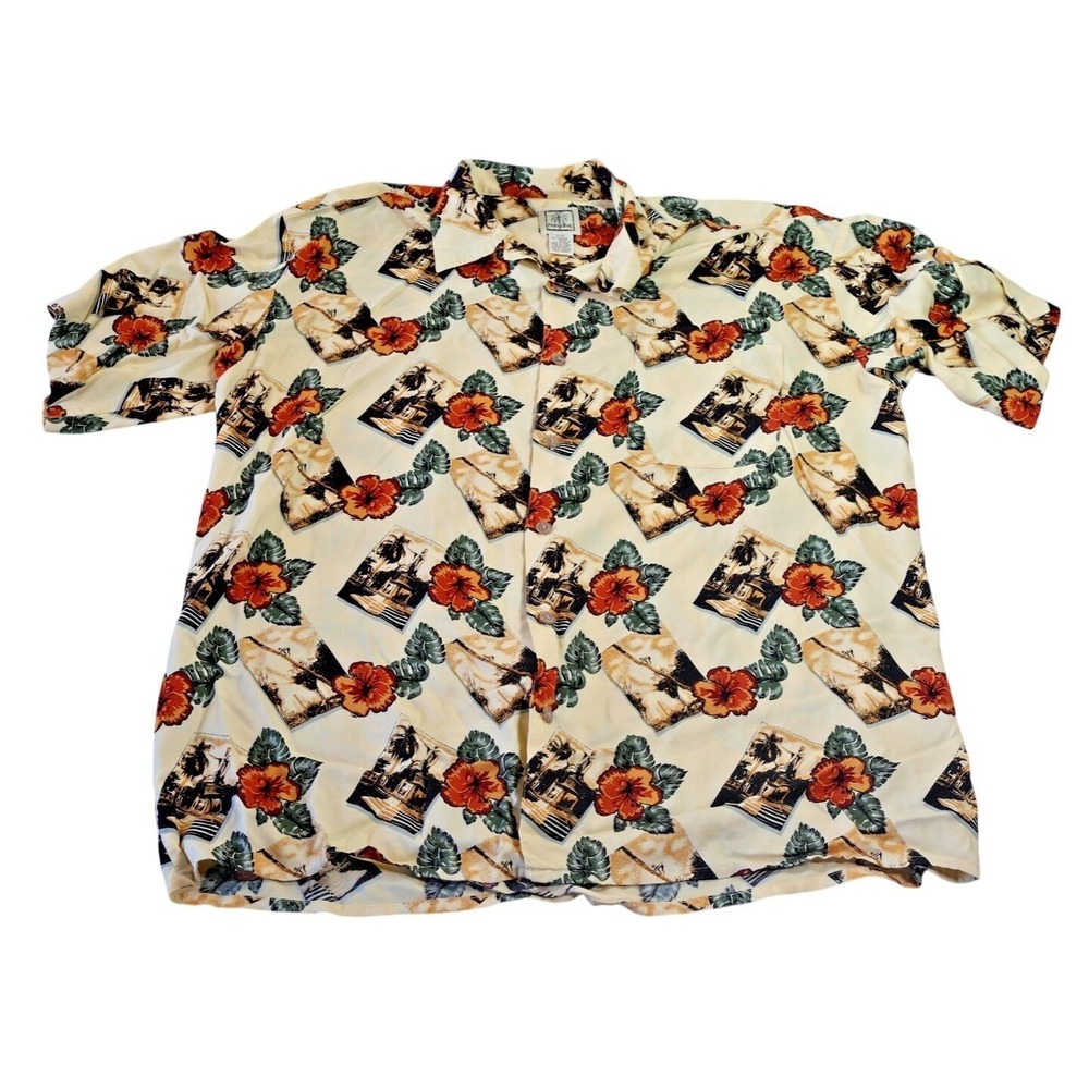 Morro Bay Shirt Mens Large‎ Cream Hawaiian Aloha Floral Rayon Korea Button Front